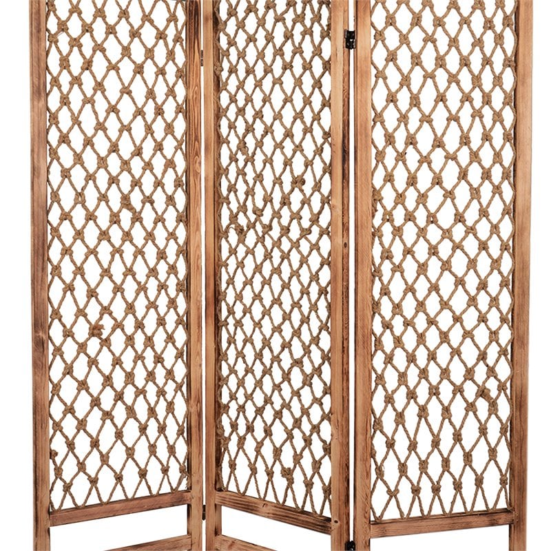 3 Panel Traditional Foldable Screen with Rope Knot Design in Brown