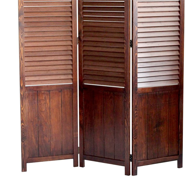 Traditional Foldable Wooden Shutter Screen with 3 Panels in Brown