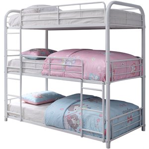 Metal Triple Twin over Twin Size Bunk Bed with Built In Ladders in White
