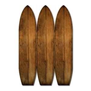 plank style surfboard shaped 3 panel wooden room divider in brown