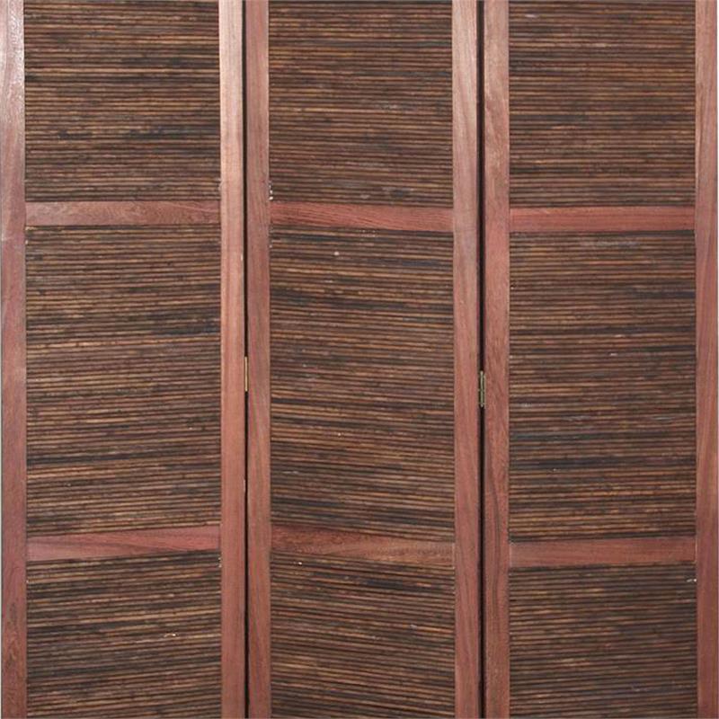Wooden 3 Panel Room Divider with Horizontal Bamboo Stripes in Dark Brown