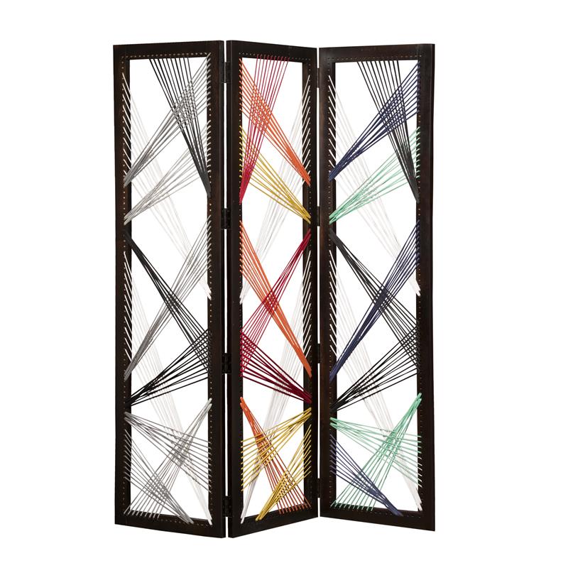 Contemporary 3 Panel Wooden Screen with Woven String Design in Multicolor