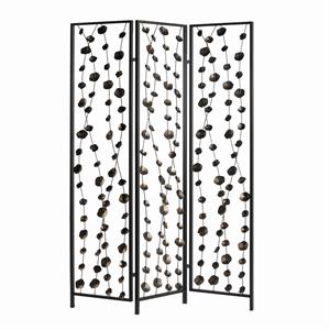 transitional 3 panel metal screen with intricate flower design in black