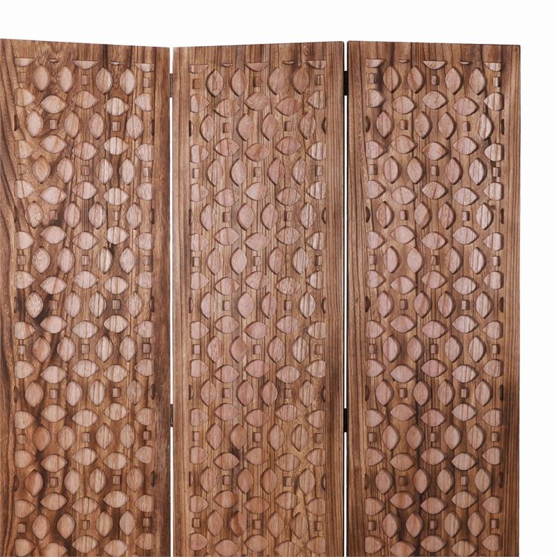3 Panel Transitional Wooden Screen with Leaf Like Carvings in Brown