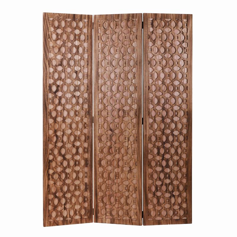 3 Panel Transitional Wooden Screen with Leaf Like Carvings in Brown
