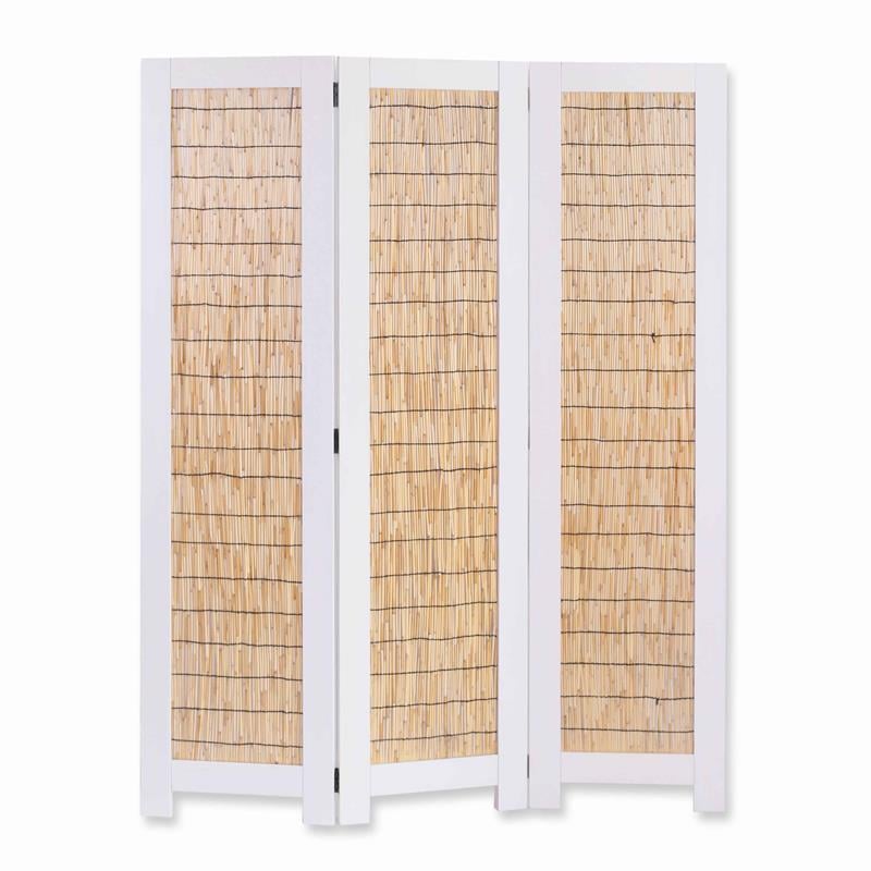 Transitional 3 Panel Wooden Screen with Wicker Paneling in White and Brown