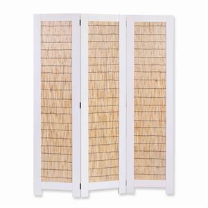 transitional 3 panel wooden screen with wicker paneling in white and brown