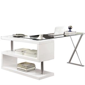 Movable Glass Top Desk with X Shaped Side Panel in White and Clear