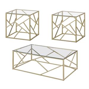 industrial 3 piece table set with open geometric base in clear and gold