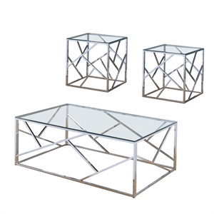 industrial metal 3 piece table set with open geometric base in clear and silver