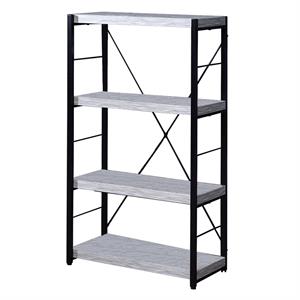 industrial wood bookshelf with 4 shelves and open metal frame in white and black