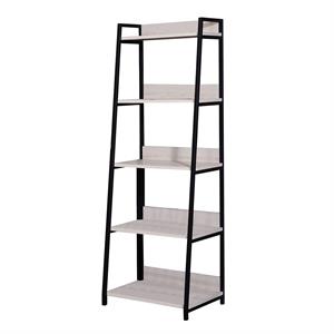 wooden frame bookshelf with 5 open compartments in washed white and black frame