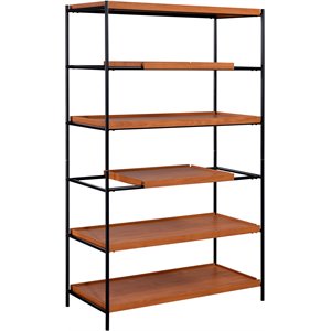 5 tier wooden bookshelf with open metal frame in oak brown and black