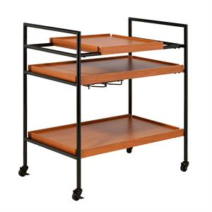 metal frame serving cart with adjustable compartments in oak brown and black