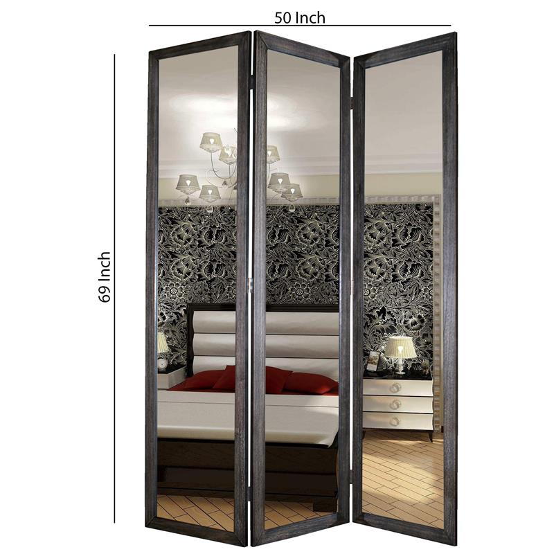 3 Panel Wooden Foldable Mirror Encasing Room Divider in Gray and Silver