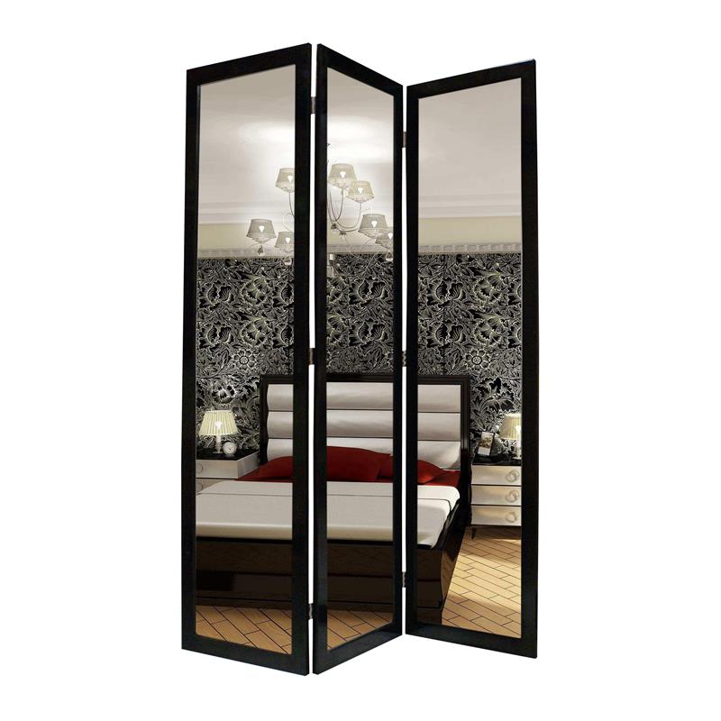 3 Panel Wooden Foldable Mirror Encasing Room Divider in Black and Silver