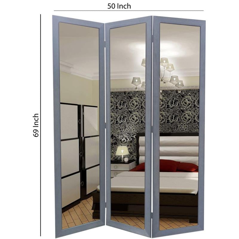 3 Panel Wooden Foldable Mirror Encasing Room Divider inLight Gray and Silver