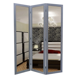 3 panel wooden foldable mirror encasing room divider inlight gray and silver