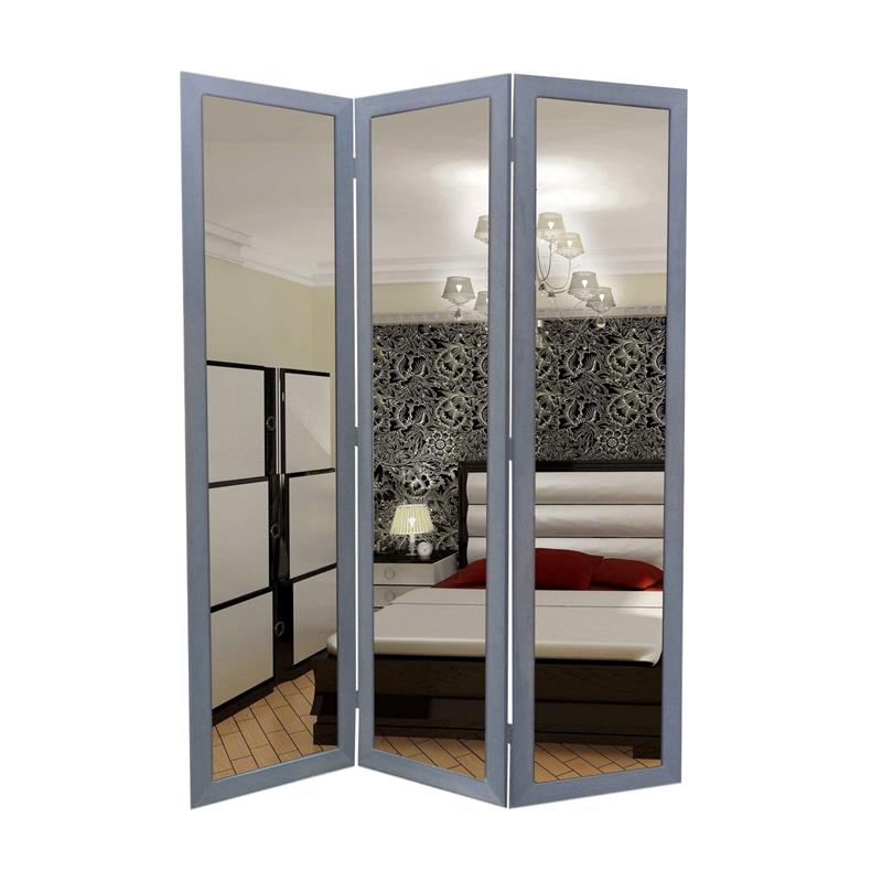 3 Panel Wooden Foldable Mirror Encasing Room Divider inLight Gray and Silver