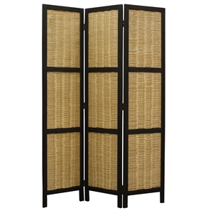 cottage style 3 panel room divider with willow weaving in black and brown
