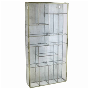 metal wall case with glass panel inserts and ample storage in gold and clear