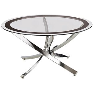 round tempered glass top coffee table with metal legs in silver and clear