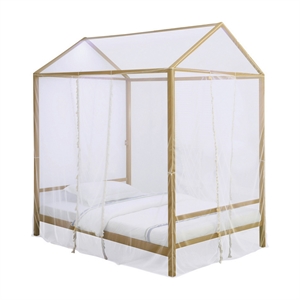 twin size metal canopy bed with sheer net and overhead led lighting in gold