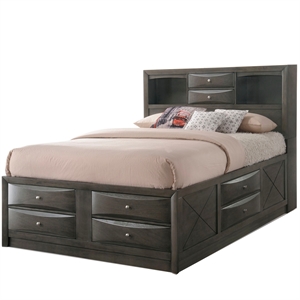 panel design full size bed with bookcase and drawers in taupe brown