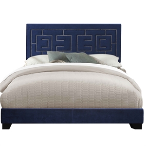 Fabric Eastern King Bed with Geometric Pattern Nailhead Trims in Blue