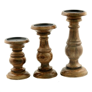 Pillar Shaped Wooden Candle Holder with set of 3 in Brown