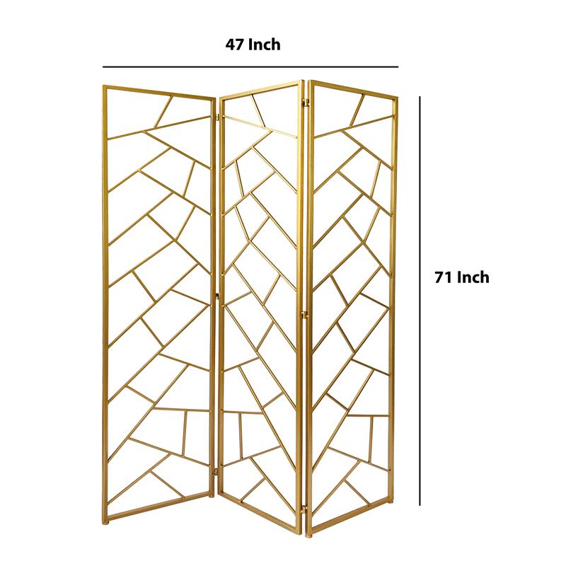 3 Panel Metal Frame Screen with Lattice Cut Out Design in Gold