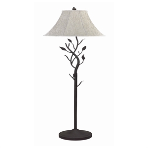 metal floor lamp with leaf accent body and fabric bell shade inblack and gray