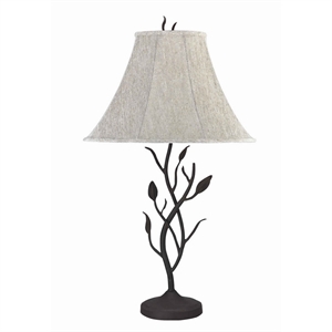 metal table lamp with leaf accent body and fabric bell shade inblack and gray