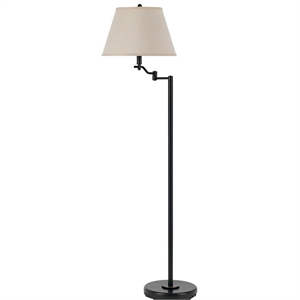 3 way metal body floor lamp with swing arm and conical fabric shade in black