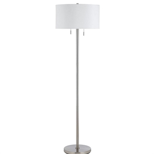 metal body floor lamp with fabric drum shade and pull chain switch in silver