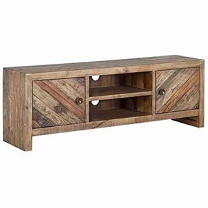 wooden tv console with 2 cabinets and open center shelf in weathered brown