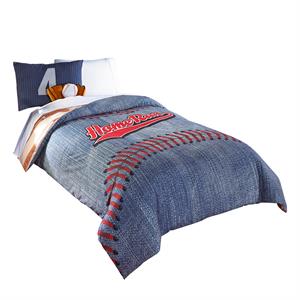 6 piece polyester full comforter set with baseball inspired print in blue