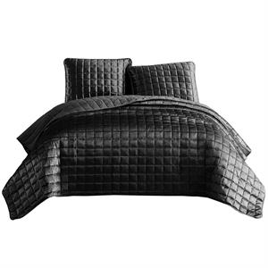3 piece king size coverlet set with stitched square pattern in dark gray