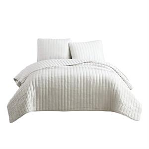 3 piece crinkle queen size coverlet set with vertical stitching in white
