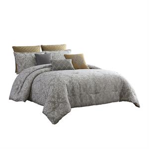 9 Piece King Polyester Comforter Set with Medallion Print in Gray and Gold