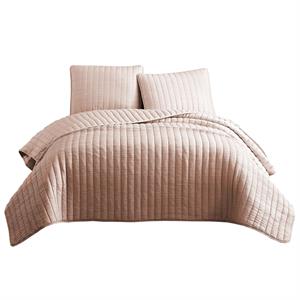 3 piece crinkles queen size coverlet set with vertical stitching in pink