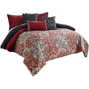 9 Piece Queen Size fabric Comforter Set with Medallion Print in Multi-color
