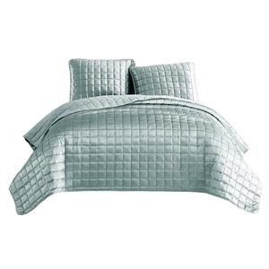 3 piece queen size coverlet set with stitched square pattern in sea green
