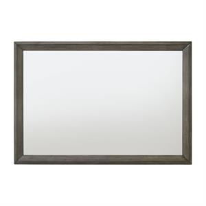 rectangular wooden frame mirror with mounting hardware in gray and silver