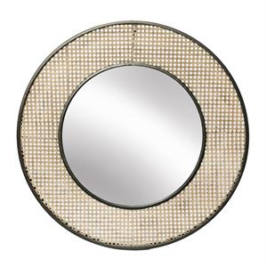 metal frame wicker round mirror with wooden backing in brown and black