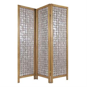 3 panel wooden screen with pearl motif accent in brown and silver