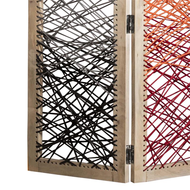 3 Panel Wooden Screen with Woven Reinforced Yarn in Multicolor