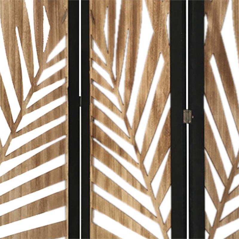 3 Panel Wooden Screen with Laser Cut Tropical Leaf Design in Brown and Black