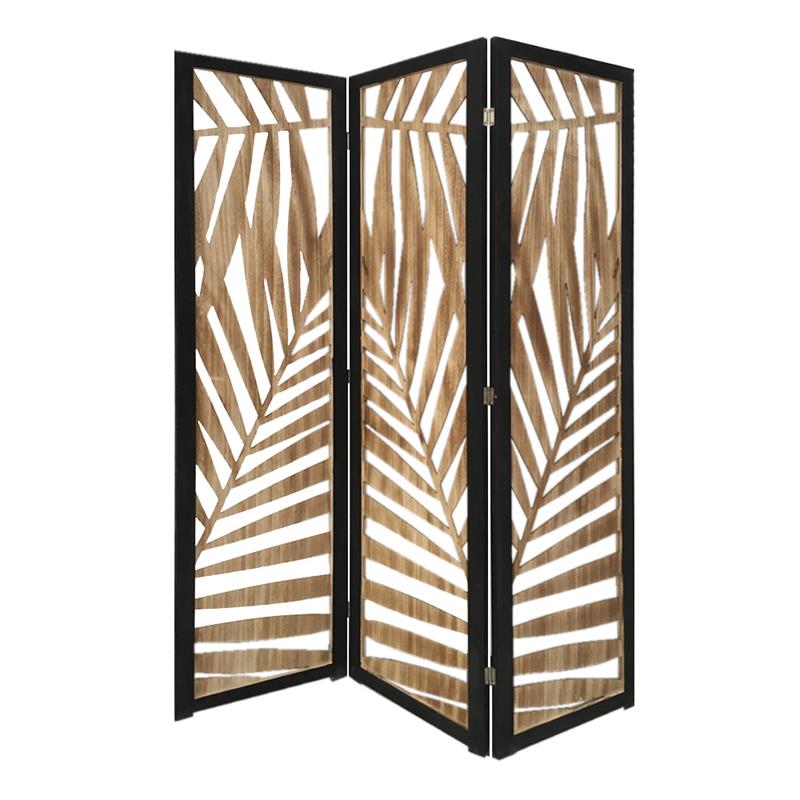 3 Panel Wooden Screen with Laser Cut Tropical Leaf Design in Brown and Black