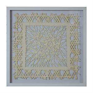 wooden shadow box with abstract weaving pattern in gray and cream